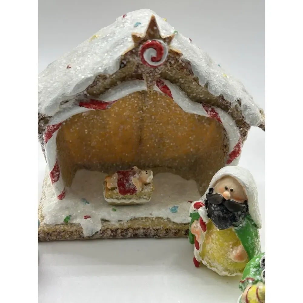 Merry Brite Nativity Gift‎ Set In Box With Gingerbread Stable And 8 Pieces